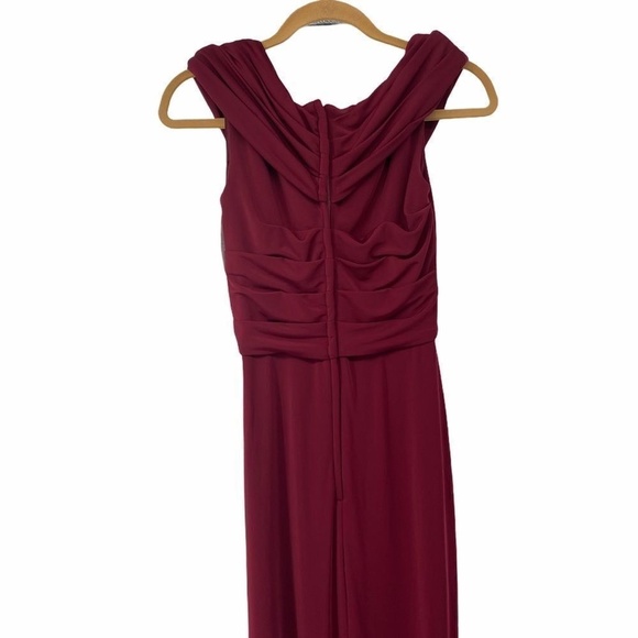 La Femme Burgundy Surplice Off the Shoulder Column Gown Dress - Picture 8 of 12